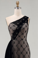 Load image into Gallery viewer, One Shoulder Sparkly Mermaid Black Beaded Long Mother of the Bride Dress with Ruffles