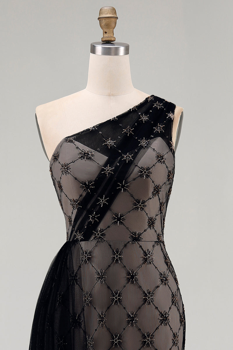 Load image into Gallery viewer, One Shoulder Sparkly Mermaid Black Beaded Long Mother of the Bride Dress with Ruffles