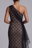 Load image into Gallery viewer, One Shoulder Sparkly Mermaid Black Beaded Long Mother of the Bride Dress with Ruffles