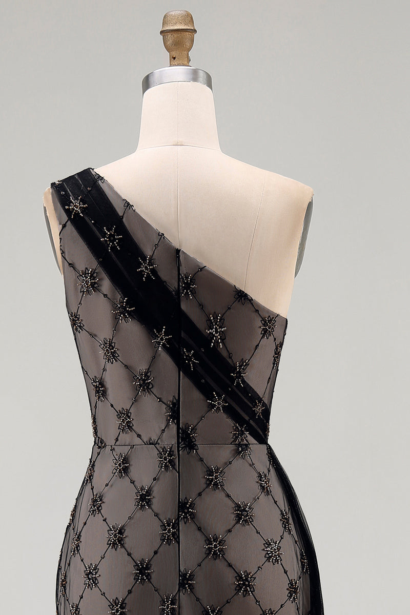 Load image into Gallery viewer, One Shoulder Sparkly Mermaid Black Beaded Long Mother of the Bride Dress with Ruffles