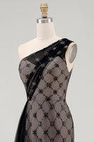 Load image into Gallery viewer, One Shoulder Sparkly Mermaid Black Beaded Long Mother of the Bride Dress with Ruffles