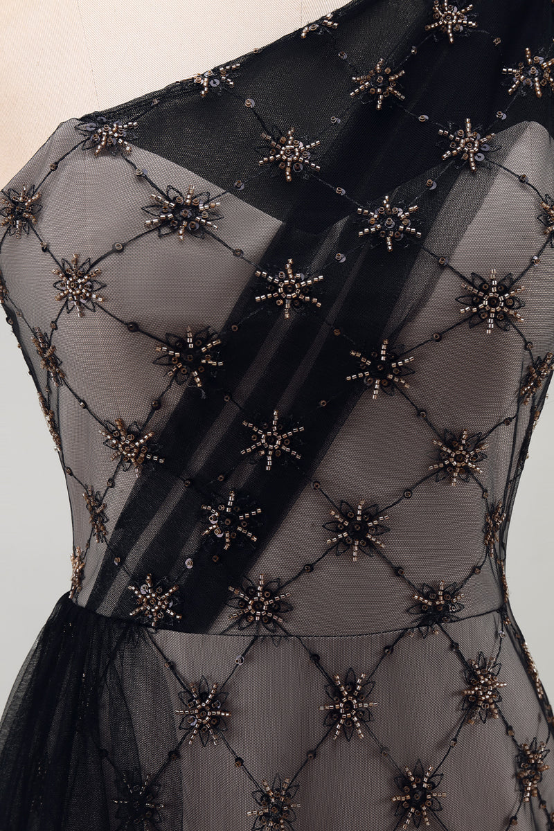 Load image into Gallery viewer, One Shoulder Sparkly Mermaid Black Beaded Long Mother of the Bride Dress with Ruffles