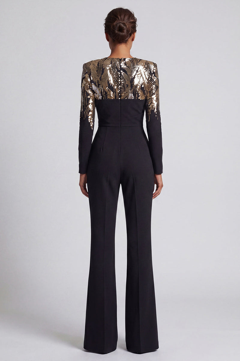 Load image into Gallery viewer, Round Neck Sparkly Black Beaded Sequin Mother of the Bride Jumpsuits
