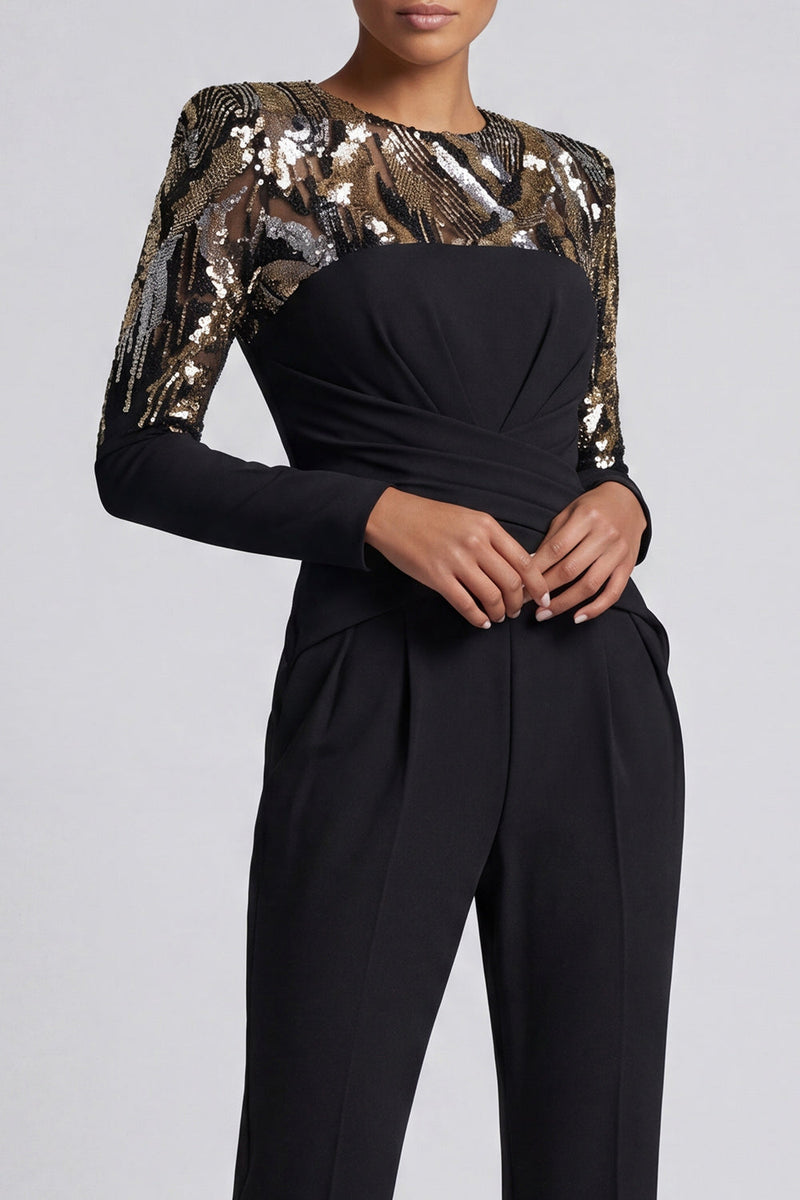 Load image into Gallery viewer, Round Neck Sparkly Black Beaded Sequin Mother of the Bride Jumpsuits