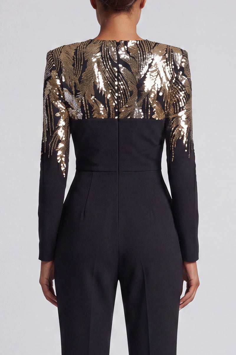 Load image into Gallery viewer, Round Neck Sparkly Black Beaded Sequin Mother of the Bride Jumpsuits