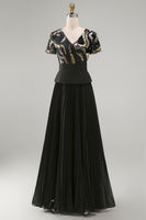 Load image into Gallery viewer, V-Neck Sparkly Beaded Black A Line Long Mother of the Bride Dress with Pleats