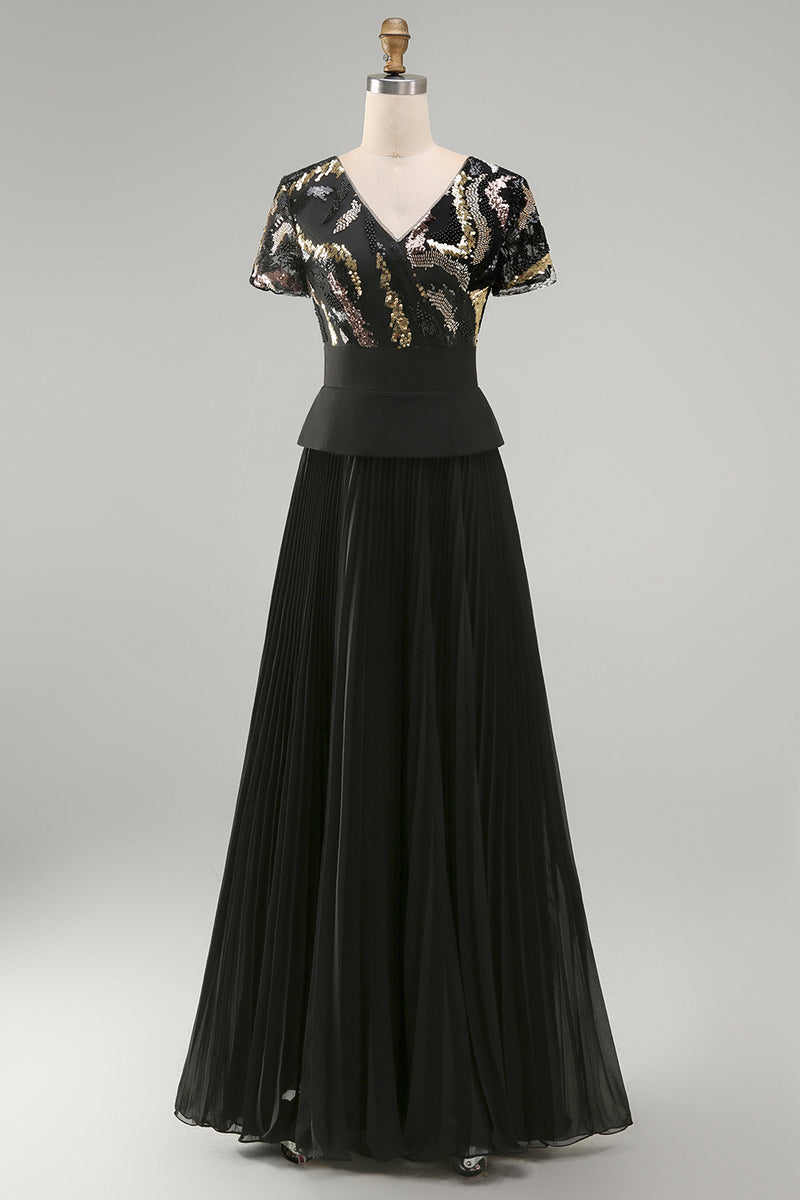 Load image into Gallery viewer, V-Neck Sparkly Beaded Black A Line Long Mother of the Bride Dress with Pleats