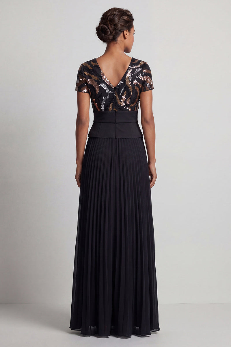 Load image into Gallery viewer, V-Neck Sparkly Beaded Black A Line Long Mother of the Bride Dress with Pleats