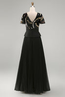 Load image into Gallery viewer, V-Neck Sparkly Beaded Black A Line Long Mother of the Bride Dress with Pleats