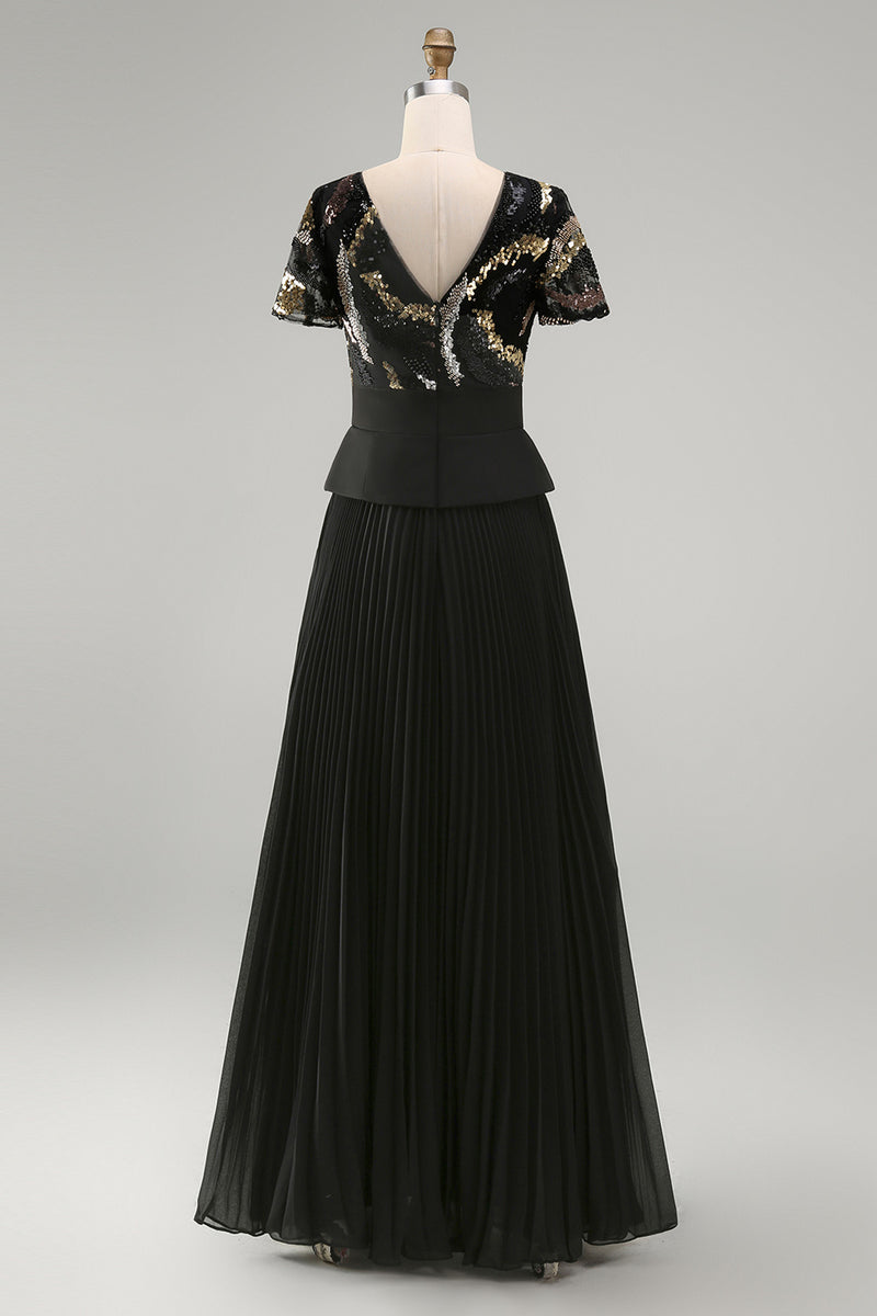 Load image into Gallery viewer, V-Neck Sparkly Beaded Black A Line Long Mother of the Bride Dress with Pleats