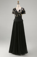 Load image into Gallery viewer, V-Neck Sparkly Beaded Black A Line Long Mother of the Bride Dress with Pleats