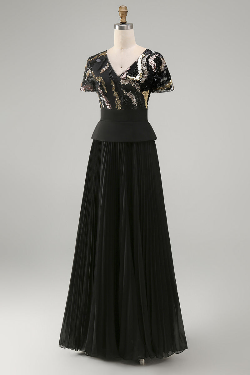 Load image into Gallery viewer, V-Neck Sparkly Beaded Black A Line Long Mother of the Bride Dress with Pleats