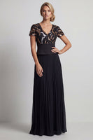 Load image into Gallery viewer, V-Neck Sparkly Beaded Black A Line Long Mother of the Bride Dress with Pleats
