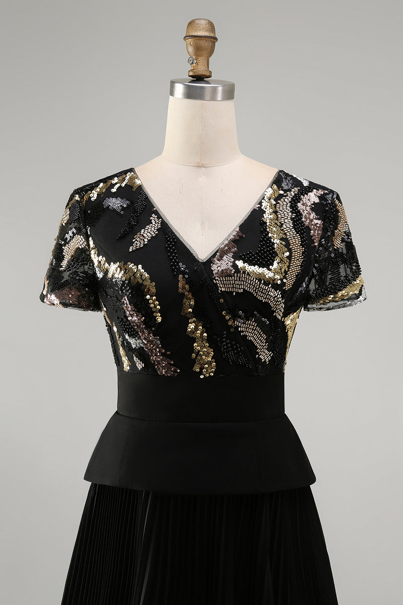 Load image into Gallery viewer, V-Neck Sparkly Beaded Black A Line Long Mother of the Bride Dress with Pleats