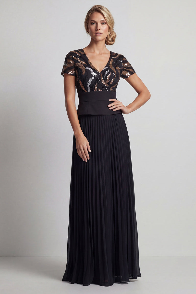 Load image into Gallery viewer, V-Neck Sparkly Beaded Black A Line Long Mother of the Bride Dress with Pleats