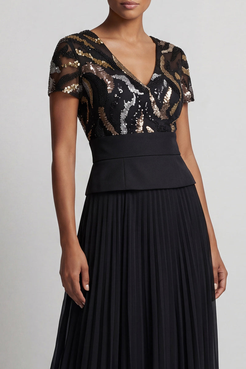 Load image into Gallery viewer, V-Neck Sparkly Beaded Black A Line Long Mother of the Bride Dress with Pleats