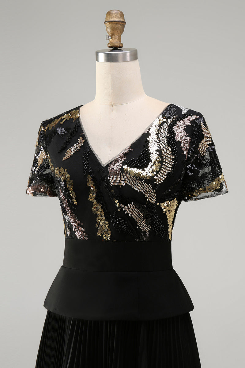 Load image into Gallery viewer, V-Neck Sparkly Beaded Black A Line Long Mother of the Bride Dress with Pleats