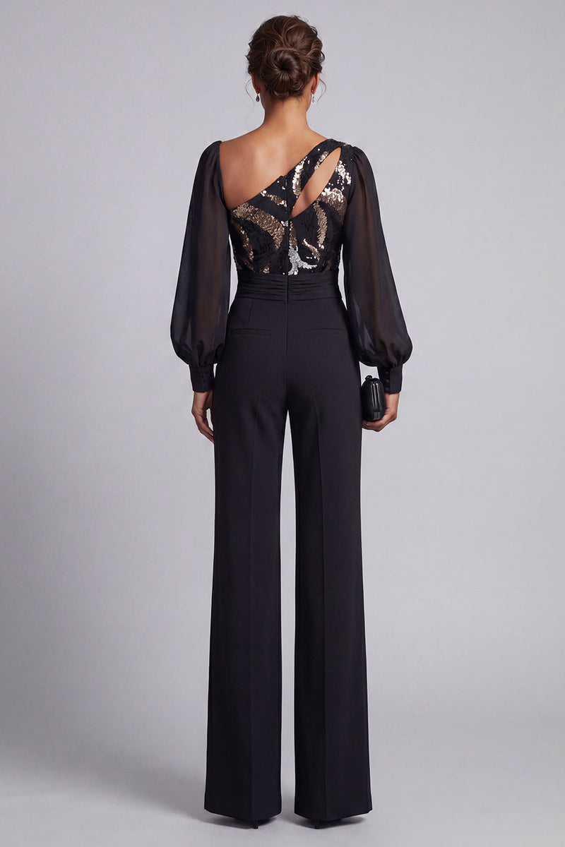 Load image into Gallery viewer, Keyhole Sparkly Sequin Black Mother of the Bride Jumpsuits with Sleeves