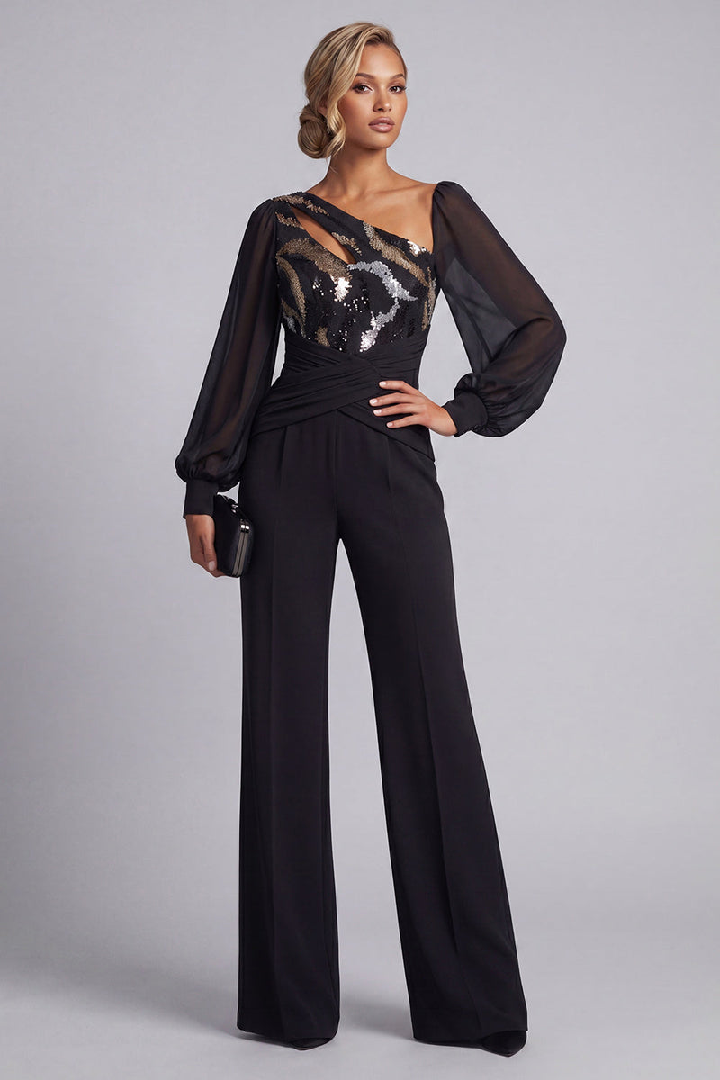 Load image into Gallery viewer, Keyhole Sparkly Sequin Black Mother of the Bride Jumpsuits with Sleeves