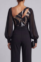 Load image into Gallery viewer, Keyhole Sparkly Sequin Black Mother of the Bride Jumpsuits with Sleeves