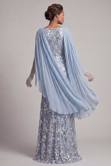 Sparkly Mermaid Sky Blue Long Beaded Mother of the Bride Dress with Cape