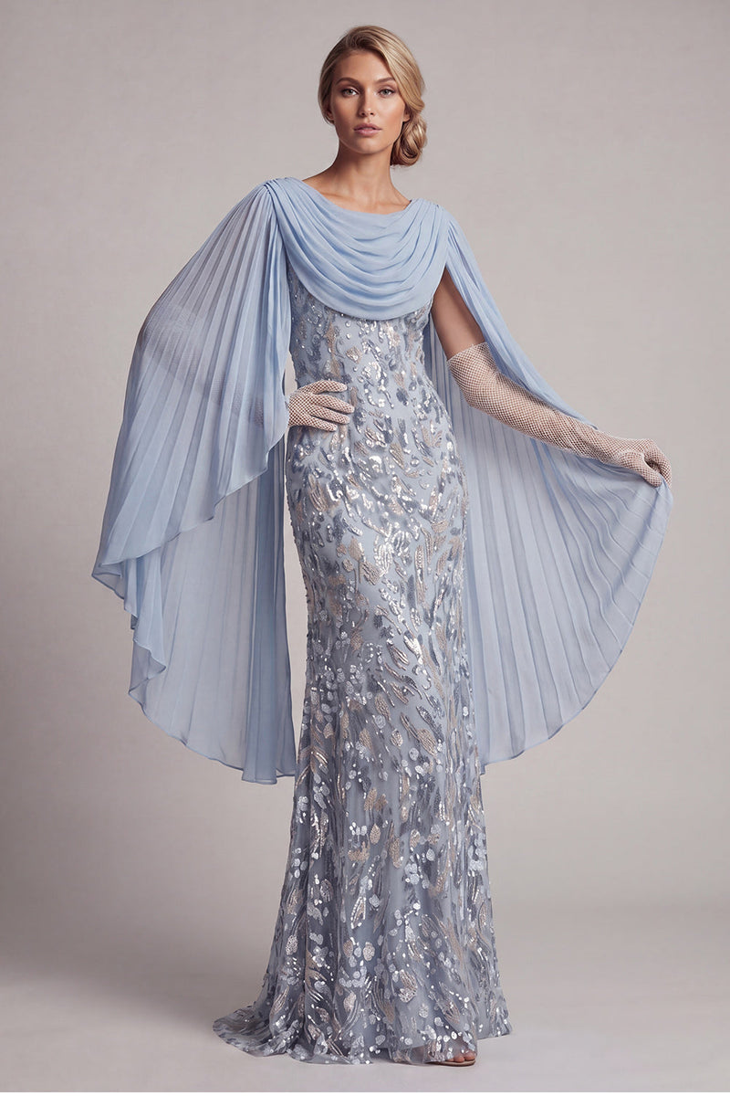Load image into Gallery viewer, Sparkly Mermaid Sky Blue Long Beaded Mother of the Bride Dress with Cape