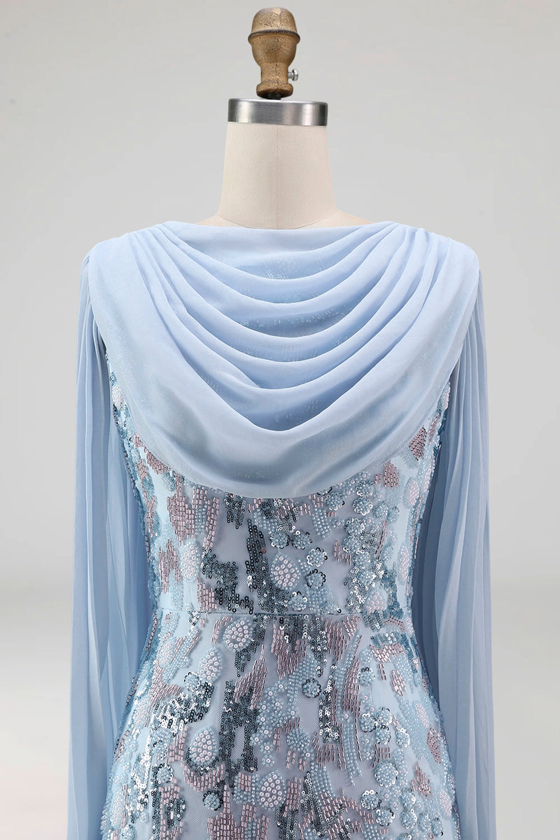 Load image into Gallery viewer, Sparkly Mermaid Sky Blue Long Beaded Mother of the Bride Dress with Cape