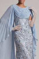 Load image into Gallery viewer, Sparkly Mermaid Sky Blue Long Beaded Mother of the Bride Dress with Cape