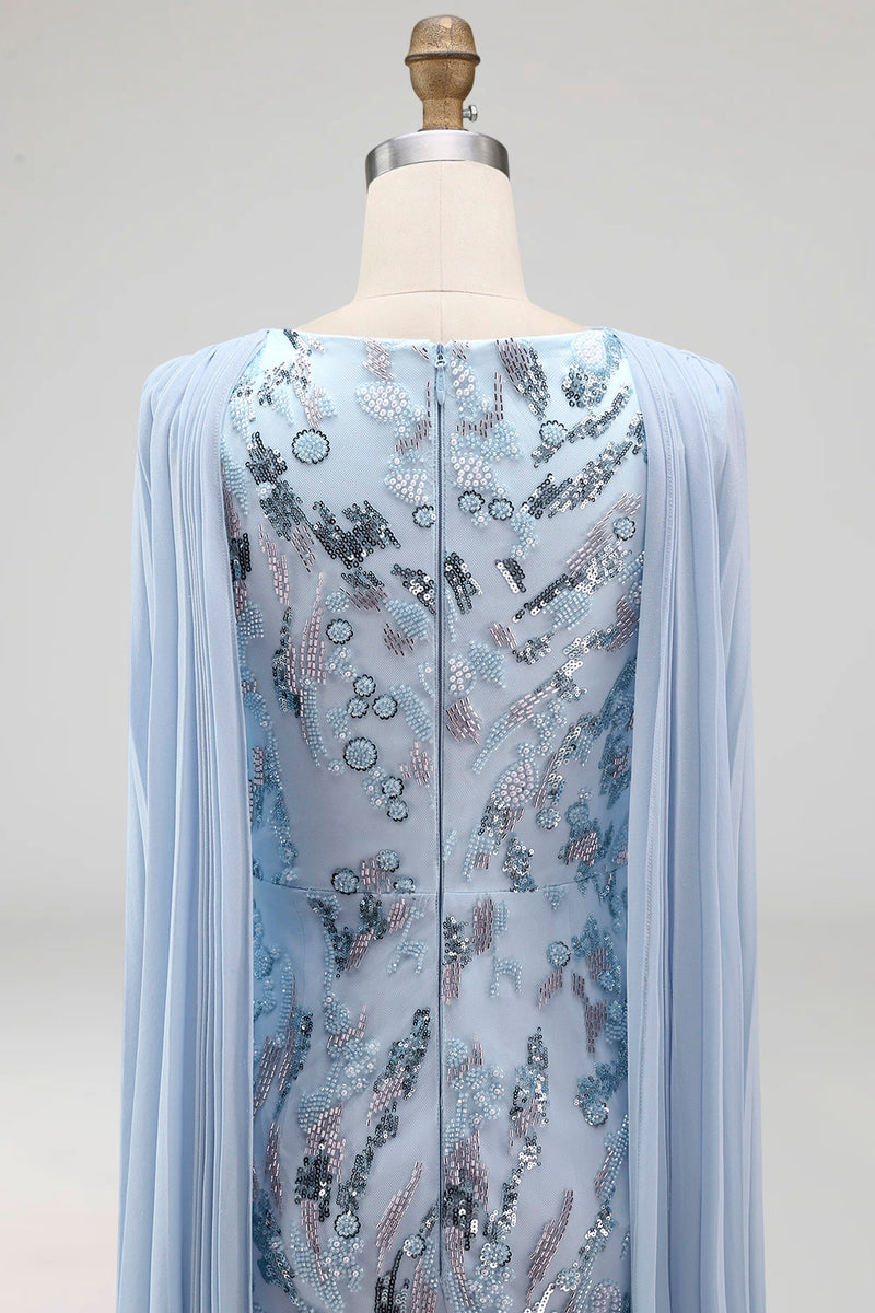 Load image into Gallery viewer, Sparkly Mermaid Sky Blue Long Beaded Mother of the Bride Dress with Cape