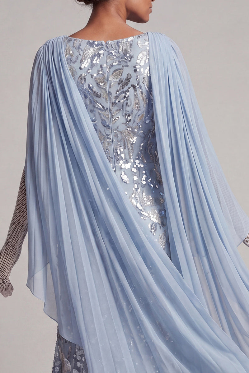 Load image into Gallery viewer, Sparkly Mermaid Sky Blue Long Beaded Mother of the Bride Dress with Cape