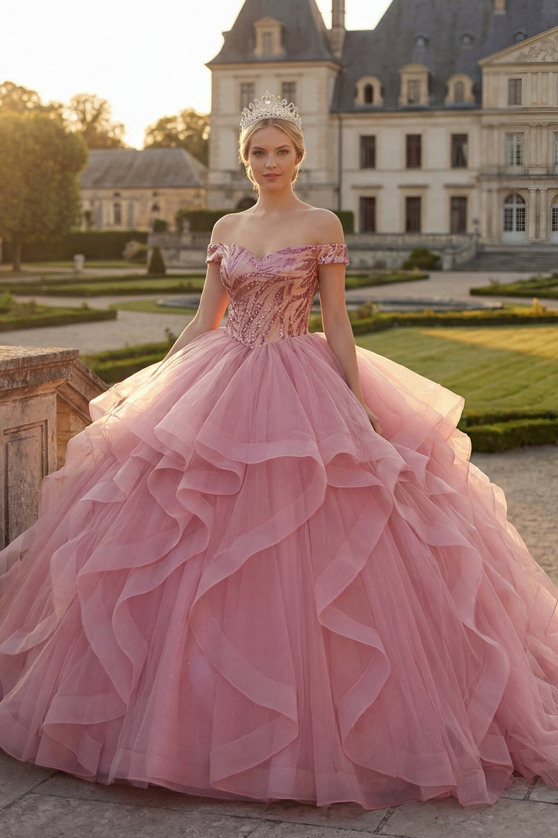 Load image into Gallery viewer, Pink Sequin Princess Long Quinceanera Dress with Ruffles