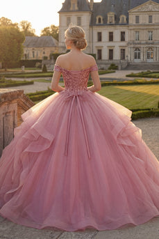 Pink Sequin Princess Long Quinceanera Dress with Ruffles