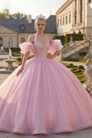 Load image into Gallery viewer, Corset Halter Pink Beaded Princess Long Glitter Quinceanera Dress with Ruffles