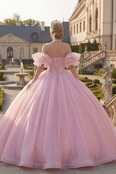 Corset Halter Pink Beaded Princess Long Glitter Quinceanera Dress with Ruffles