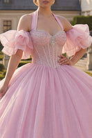 Load image into Gallery viewer, Corset Halter Pink Beaded Princess Long Glitter Quinceanera Dress with Ruffles
