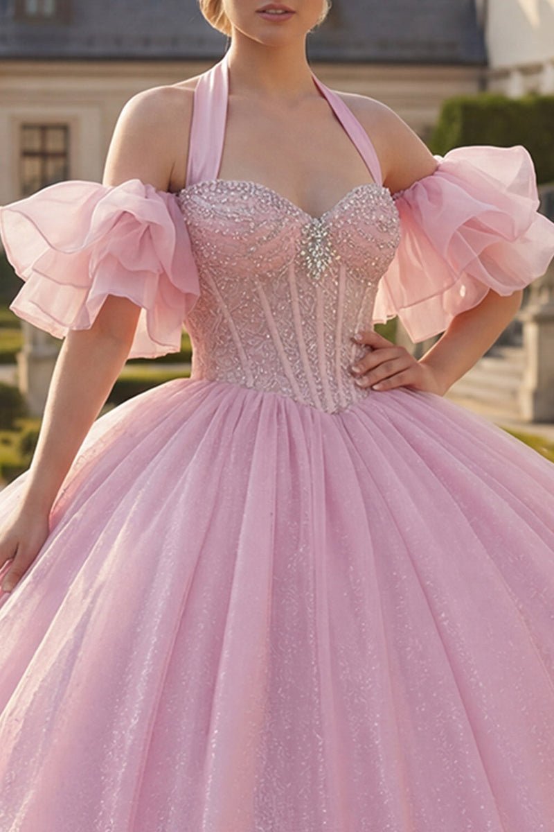 Load image into Gallery viewer, Corset Halter Pink Beaded Princess Long Glitter Quinceanera Dress with Ruffles