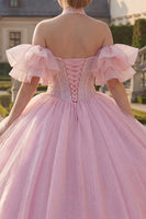 Load image into Gallery viewer, Corset Halter Pink Beaded Princess Long Glitter Quinceanera Dress with Ruffles