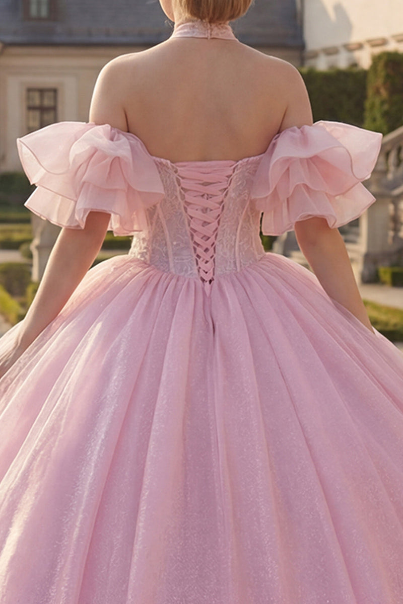 Load image into Gallery viewer, Corset Halter Pink Beaded Princess Long Glitter Quinceanera Dress with Ruffles