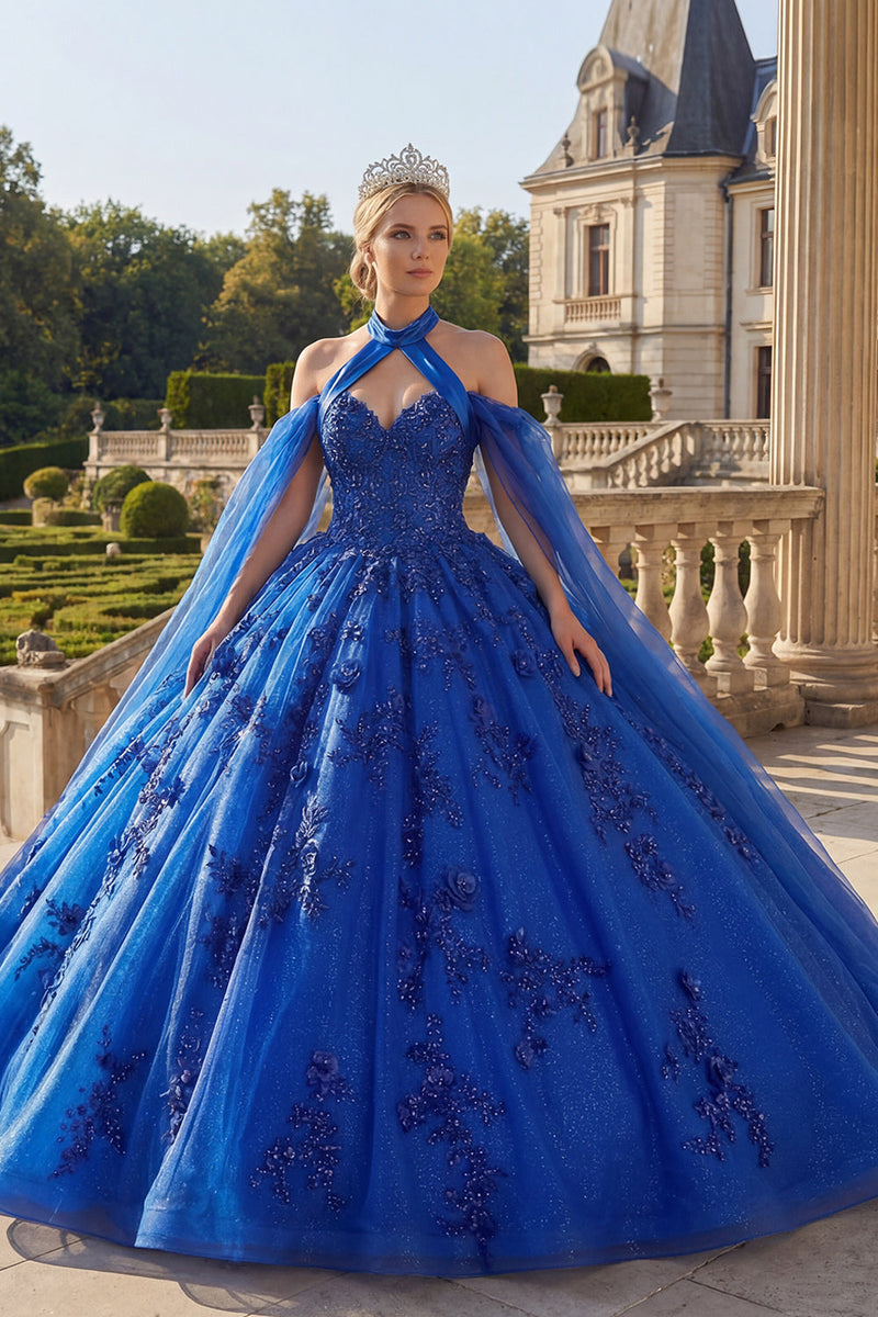 Load image into Gallery viewer, Sparkly Royal Blue Princess Beaded Long Floral Quinceanera Dress with Cape