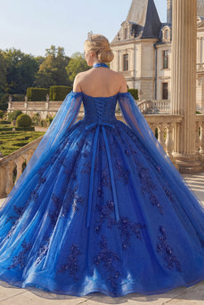 Sparkly Royal Blue Princess Beaded Long Floral Quinceanera Dress with Cape