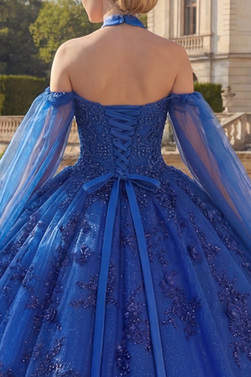 Load image into Gallery viewer, Sparkly Royal Blue Princess Beaded Long Floral Quinceanera Dress with Cape