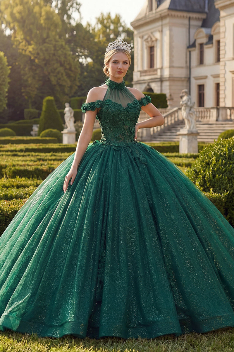Load image into Gallery viewer, Dark Green High Neck Princess Glitter Floral Long Quinceanera Dress