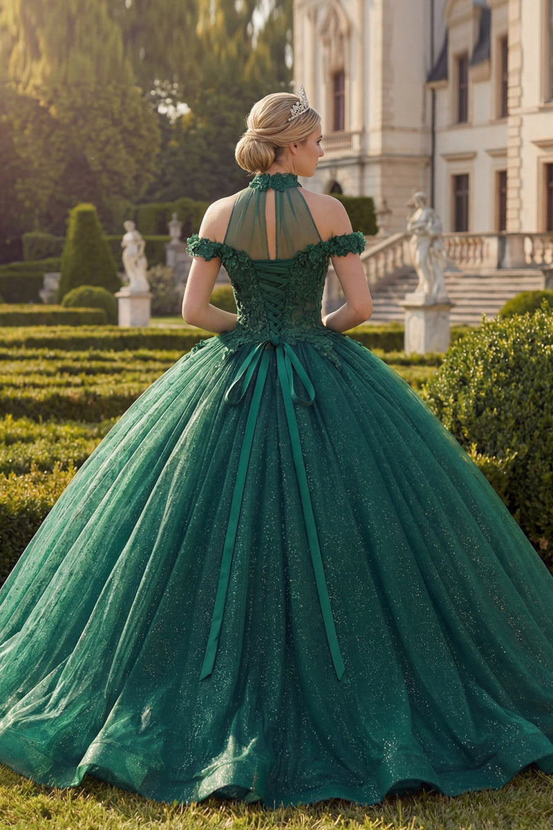 Load image into Gallery viewer, Dark Green High Neck Princess Glitter Floral Long Quinceanera Dress