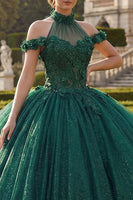 Load image into Gallery viewer, Dark Green High Neck Princess Glitter Floral Long Quinceanera Dress