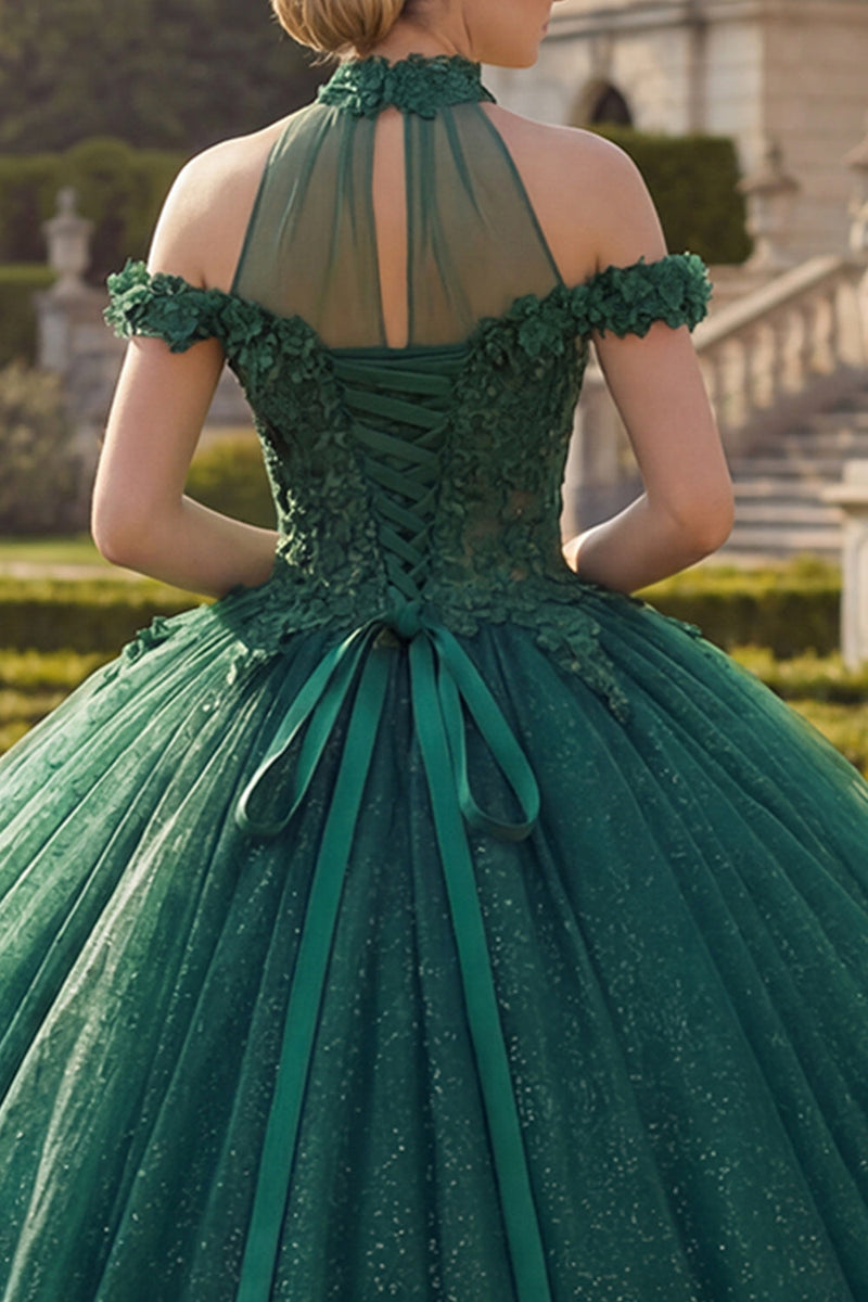 Load image into Gallery viewer, Dark Green High Neck Princess Glitter Floral Long Quinceanera Dress