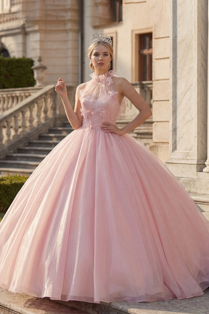Load image into Gallery viewer, Blush High Neck Floral Long Ruched Princess Quinceanera Dress