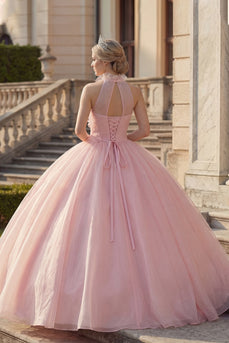 Blush High Neck Floral Long Ruched Princess Quinceanera Dress
