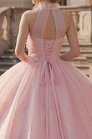 Load image into Gallery viewer, Blush High Neck Floral Long Ruched Princess Quinceanera Dress