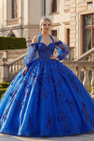 Load image into Gallery viewer, Beaded Princess Glitter Floral Royal Blue Long Quinceanera Dress with Bow