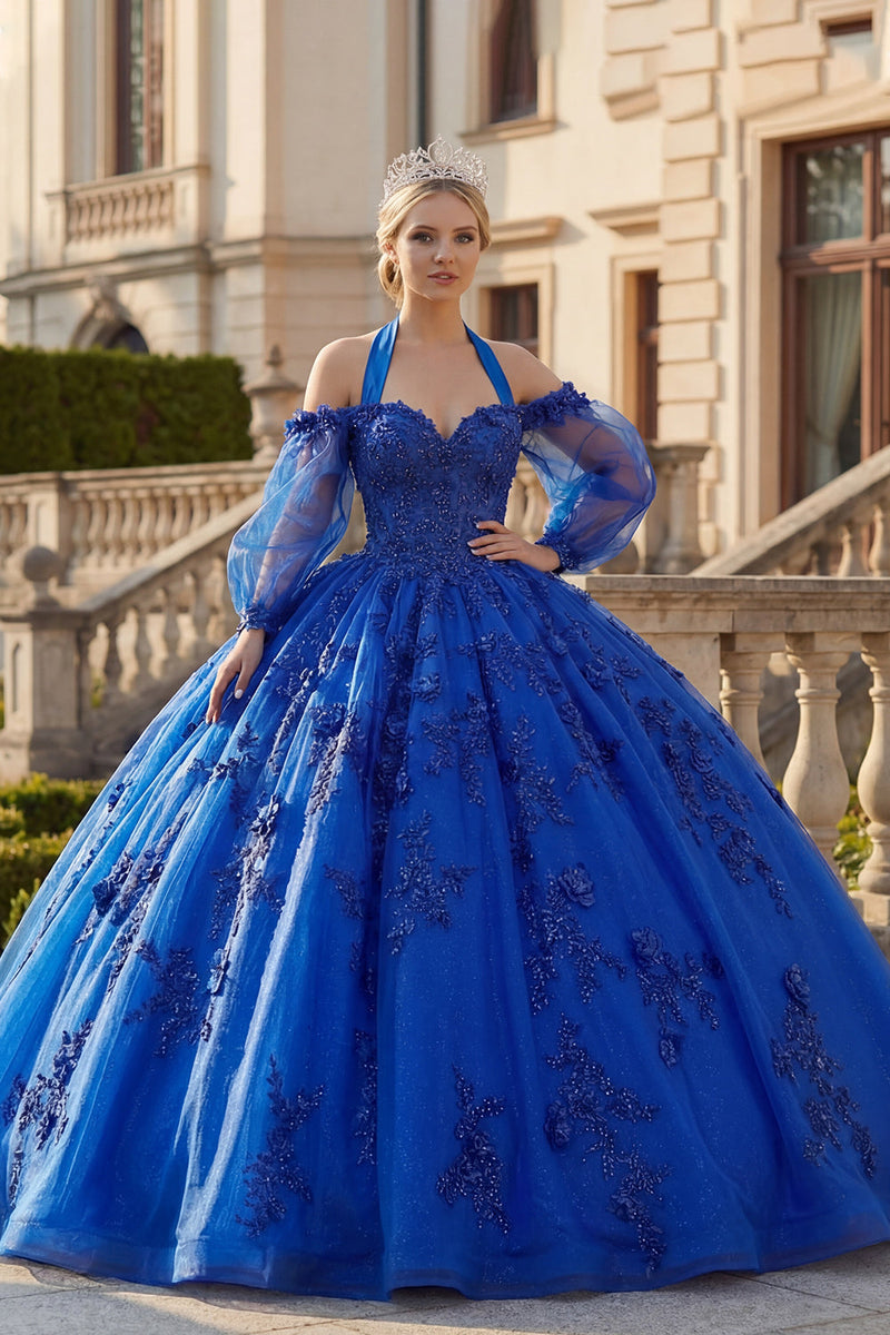 Load image into Gallery viewer, Beaded Princess Glitter Floral Royal Blue Long Quinceanera Dress with Bow